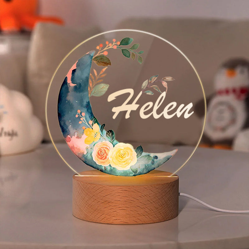 Personalized Baby Night Light with Moon and Flowers – Custom Name Nursery Lamp Keepsake – Unique Gift for Baby Showers, Newborns & Nursery Decor