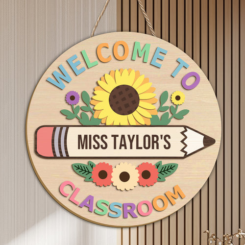 Custom “Welcome to Classroom” Wooden Sign – Personalized Floral Pencil Design – Back to School or Teacher Gift
