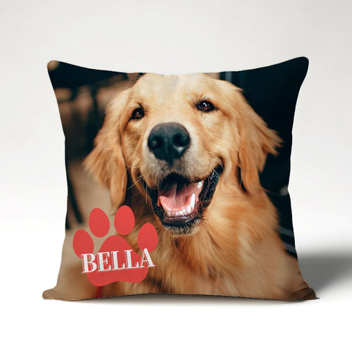 Personalized Pet Photo Pillow with Custom Name in Paw Print – Full Photo Cushion Gift for Dog & Cat Lovers