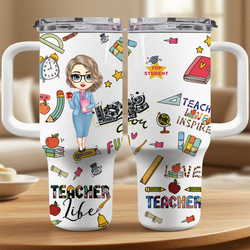 Custom Teacher Character Tumbler – Personalized 40 oz Insulated Cup with Straw, Back to School Gift for Teachers