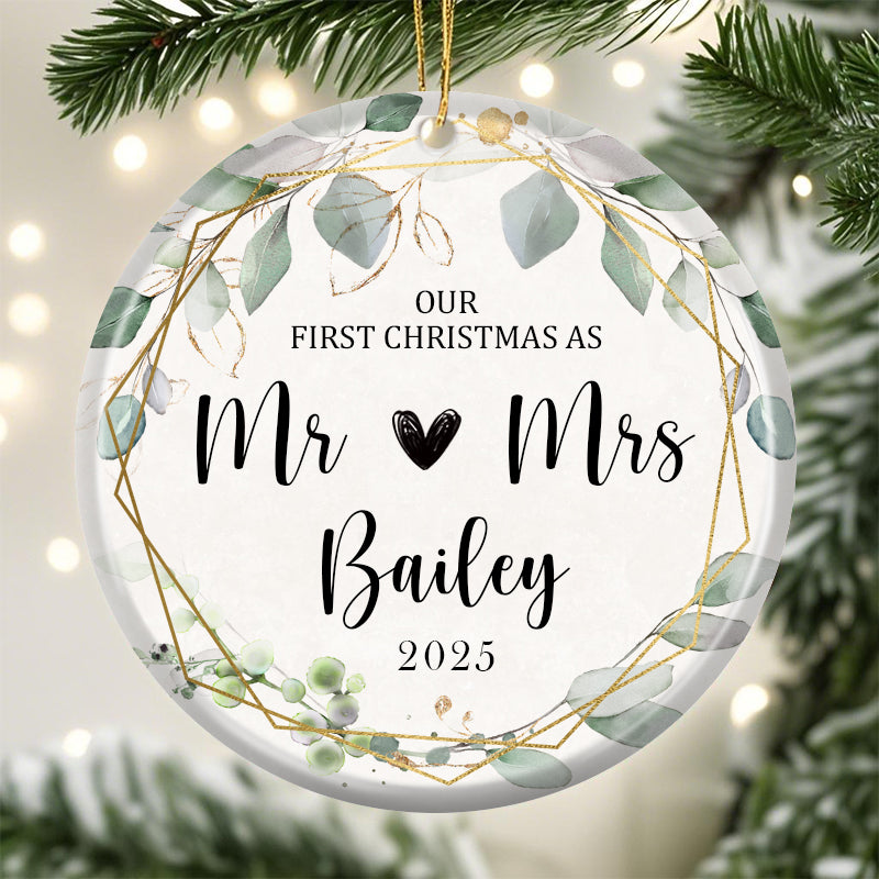 Personalized Our First Christmas as Mr ❤ Mrs Ornament – Custom Ceramic Keepsake with Last Name & Year – Gift for Newlyweds, Spouse, or Married Couple