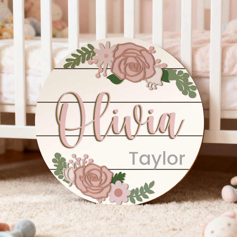 Personalized Baby Name Wooden Sign – Custom Floral Design for Nursery, Hospital Door, or Baby Shower Gift