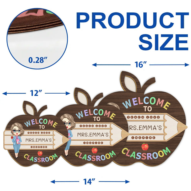 Custom “Welcome to Classroom” Apple-Shaped Wooden Sign – Personalized Teacher Character & Name – Back to School or Teacher Gift