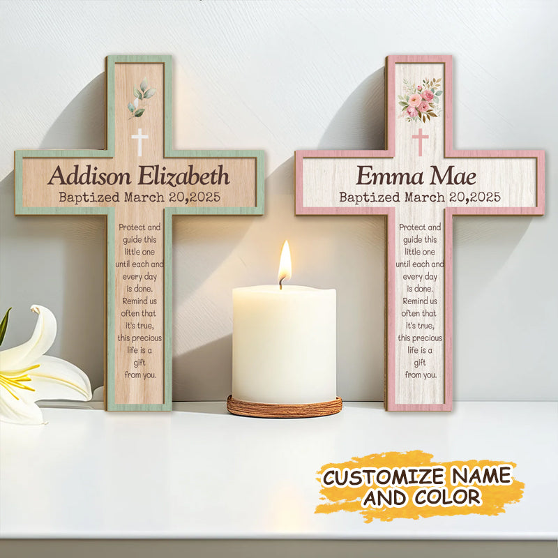 Personalized Floral Cross Keepsake – Custom Name, Occasion & Date – Faith Gift for Baptism, Christening, or Nursery Decor