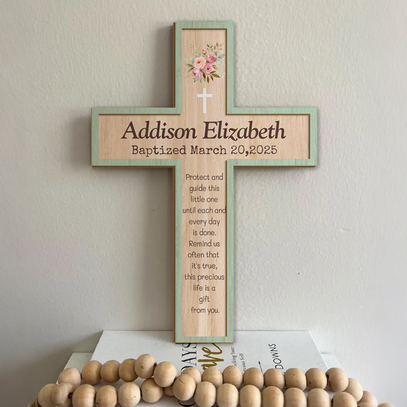 Personalized Floral Cross Keepsake – Custom Name, Occasion & Date – Faith Gift for Baptism, Christening, or Nursery Decor