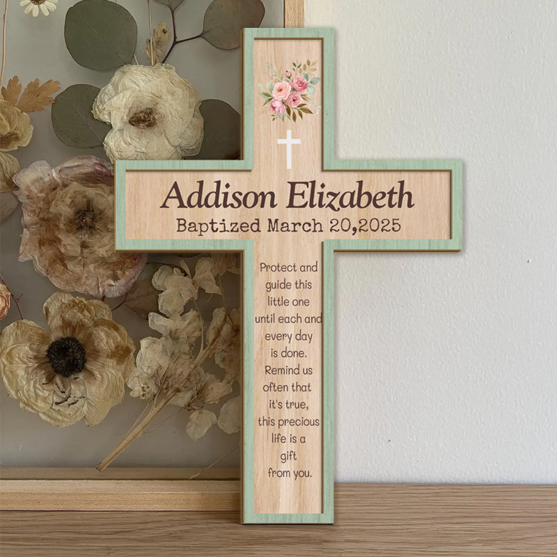 Personalized Floral Cross Keepsake – Custom Name, Occasion & Date – Faith Gift for Baptism, Christening, or Nursery Decor