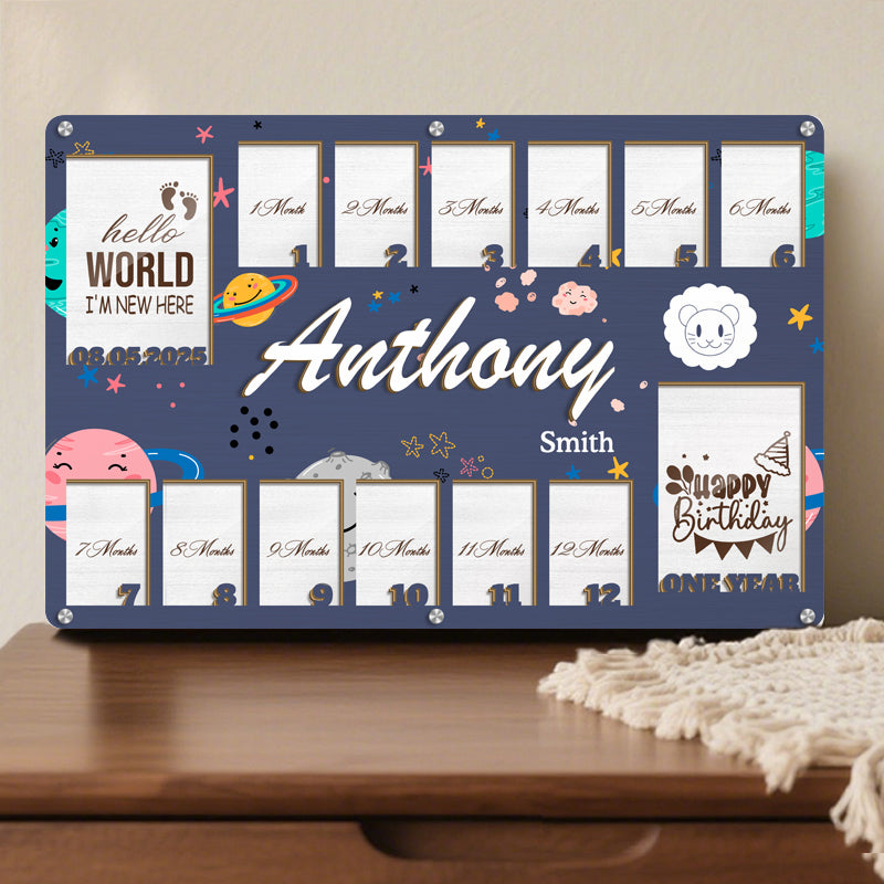 Personalized Zodiac Baby Milestone Frame – Wooden Keepsake with 14 Photo Slots – Gift for New Parents or Nursery Decor