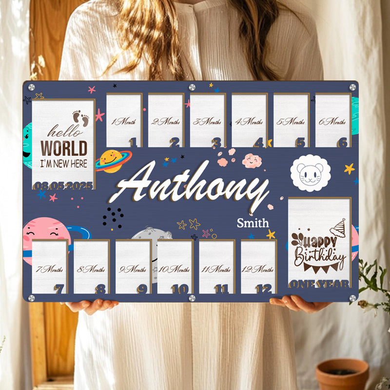 Personalized Zodiac Baby Milestone Frame – Wooden Keepsake with 14 Photo Slots – Gift for New Parents or Nursery Decor