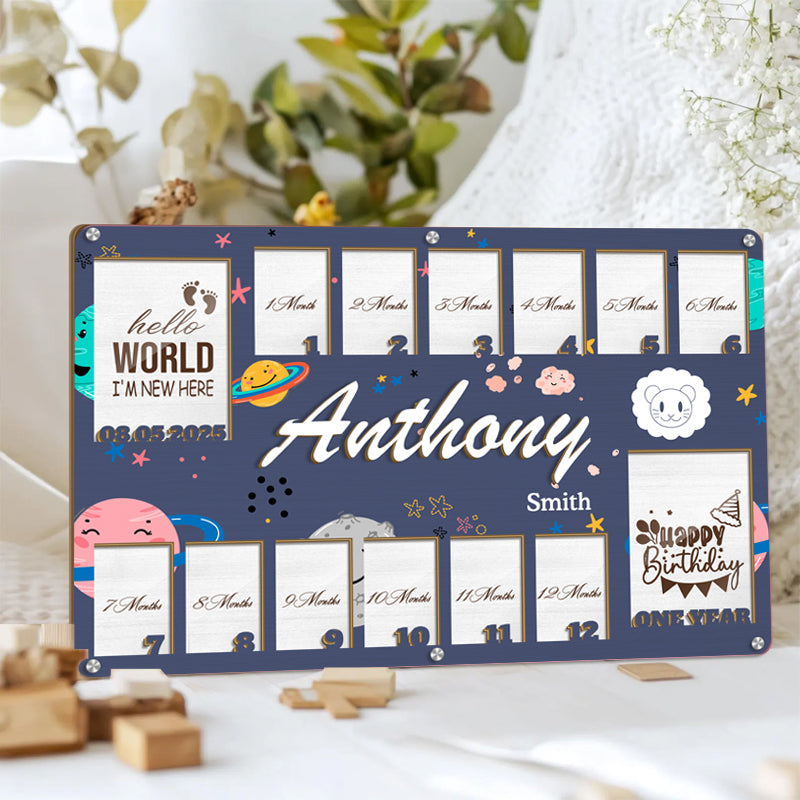 Personalized Zodiac Baby Milestone Frame – Wooden Keepsake with 14 Photo Slots – Gift for New Parents or Nursery Decor