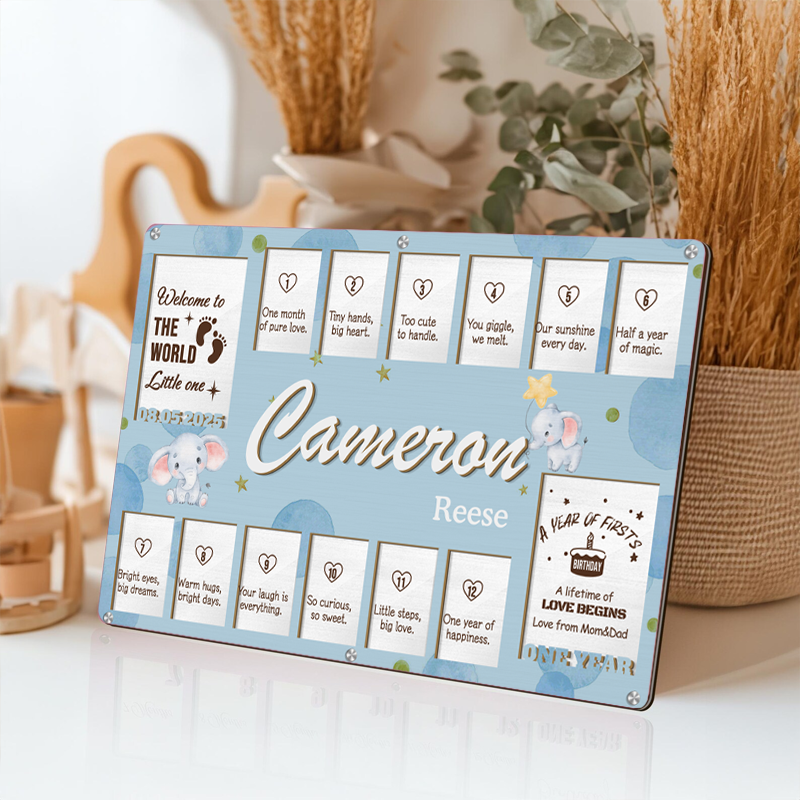 Custom Baby Monthly Milestone Frame – Personalized Wooden Keepsake for 14 Photos with Monthly Captions – Gift for New Parents or Baby Shower