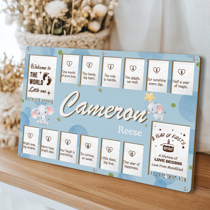 Custom Baby Monthly Milestone Frame – Personalized Wooden Keepsake for 14 Photos with Monthly Captions – Gift for New Parents or Baby Shower