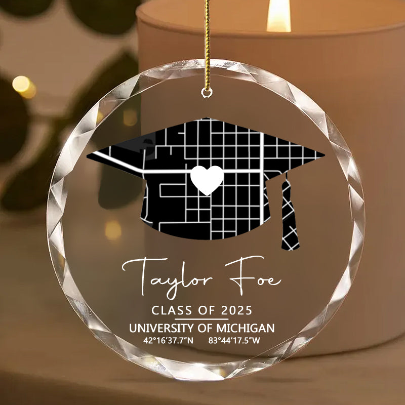 Personalized Graduation Ornament – Custom Circle Glass Keepsake with University Map, Name, Year & Coordinates – Meaningful Gift for Graduate or Teacher