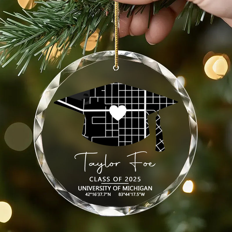 Personalized Graduation Ornament – Custom Circle Glass Keepsake with University Map, Name, Year & Coordinates – Meaningful Gift for Graduate or Teacher