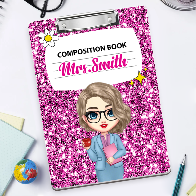 Custom Teacher Clipboard – Personalized Acrylic Clipboard with Galaxy Composition Book Pattern, Gift for Teachers and Classroom Use