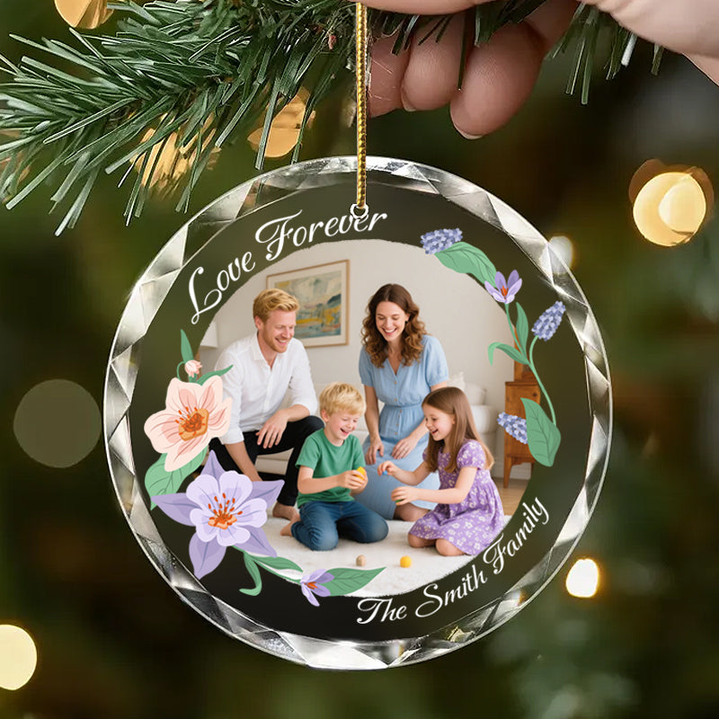 Personalized Floral Family Photo Ornament – Custom Glass Keepsake with Photo & Floral Design – Gift for Family & Holidays