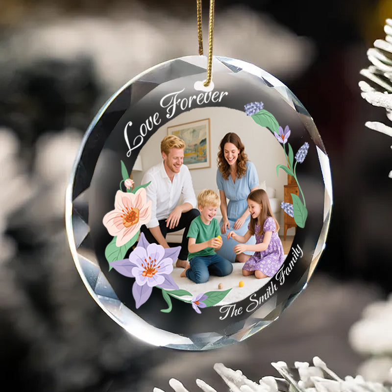 Personalized Floral Family Photo Ornament – Custom Glass Keepsake with Photo & Floral Design – Gift for Family & Holidays