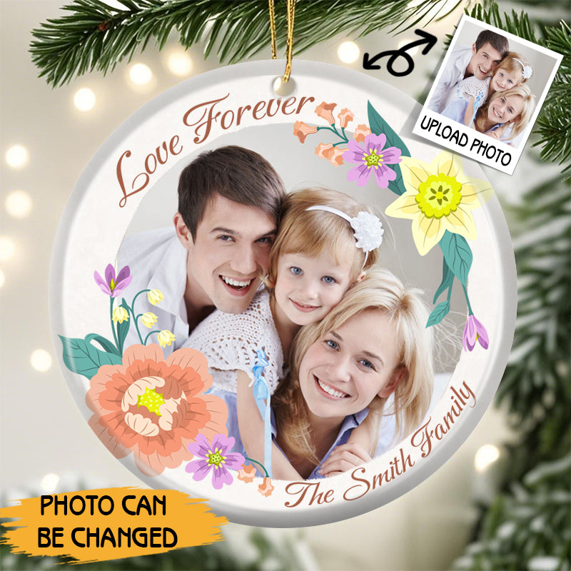 Personalized Floral Family Photo Ornament – Custom Ceramic Keepsake with Photo & Floral Design – Gift for Family & Holidays