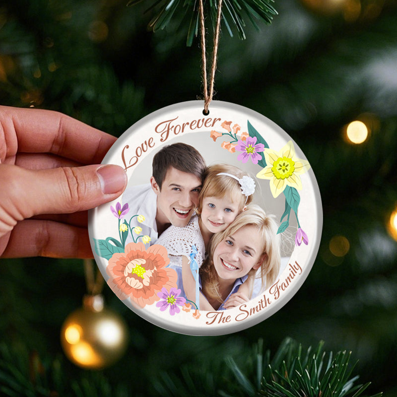 Personalized Floral Family Photo Ornament – Custom Ceramic Keepsake with Photo & Floral Design – Gift for Family & Holidays