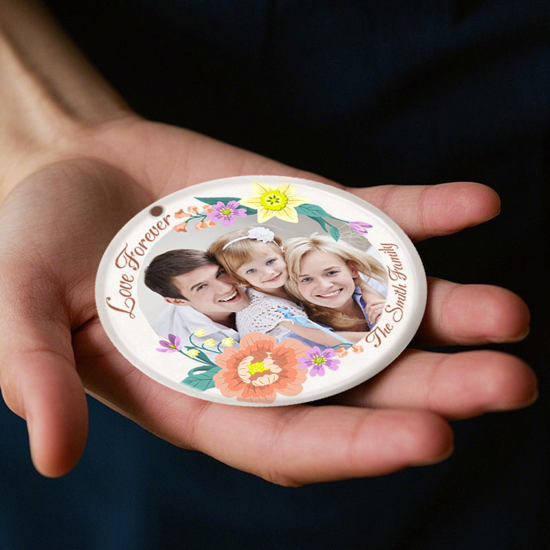 Personalized Floral Family Photo Ornament – Custom Ceramic Keepsake with Photo & Floral Design – Gift for Family & Holidays