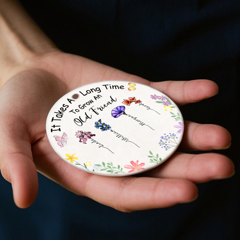 Personalized Floral Friendship Ornament – Custom Ceramic Keepsake with Names & Bloom Design – Gift for Friends & Special Bonds