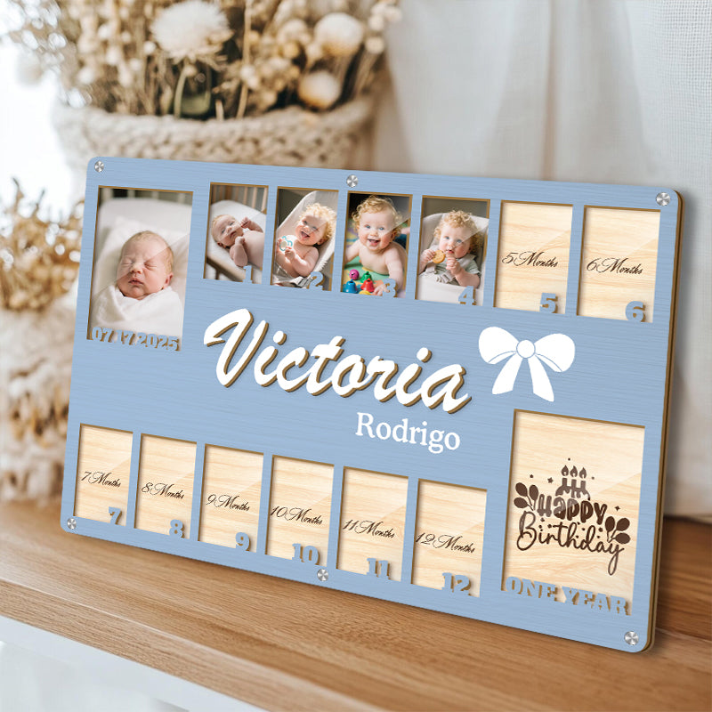 Custom Baby Monthly Milestone Frame – Personalized Wooden Keepsake for 14 Photos – Gift for New Parents or Baby Shower