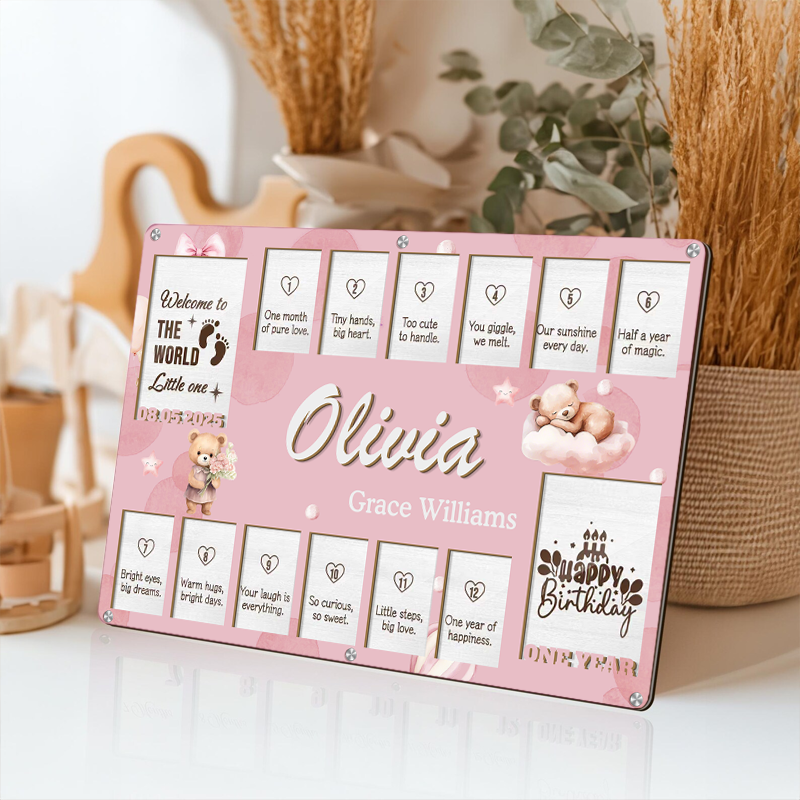 Custom Baby Monthly Milestone Frame – Personalized Wooden Keepsake for 14 Photos – Gift for New Parents or Baby Shower