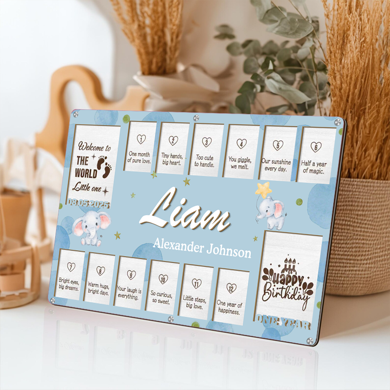 Custom Baby Monthly Milestone Frame – Personalized Wooden Keepsake for 14 Photos – Gift for New Parents or Baby Shower