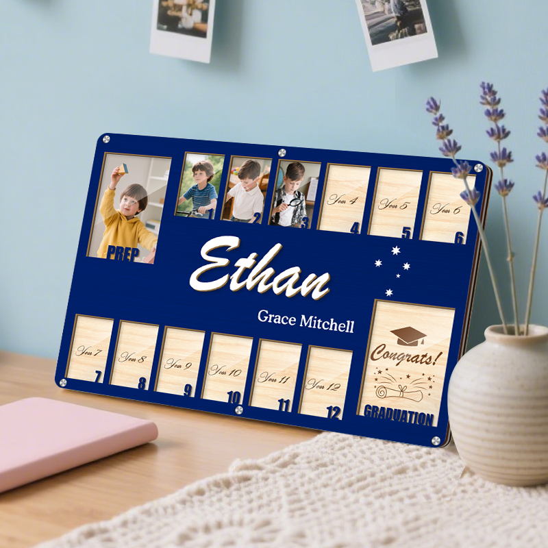 Personalized School Years Graduation Frame – Custom Wooden Keepsake for 14 Photos – Perfect Graduation Gift for Students and Families