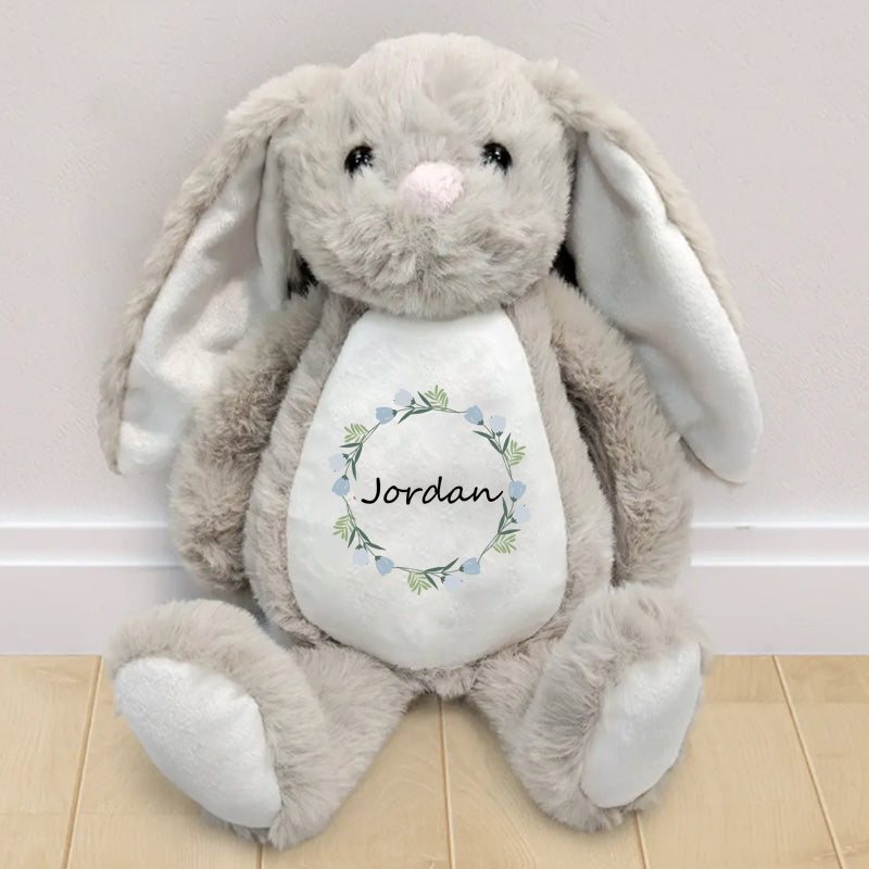 Custom Personalized Keepsake Bunny – Elegant Floral Wreath Design with Name – Perfect Gift for Birthdays, Baby Showers & Special Moments