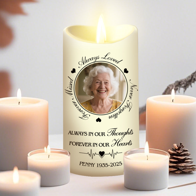 Custom Photo Always In Our Thoughts Forever In Our Hearts-Memorial Personalized LED Candle – Sympathy Gift for Loved Ones