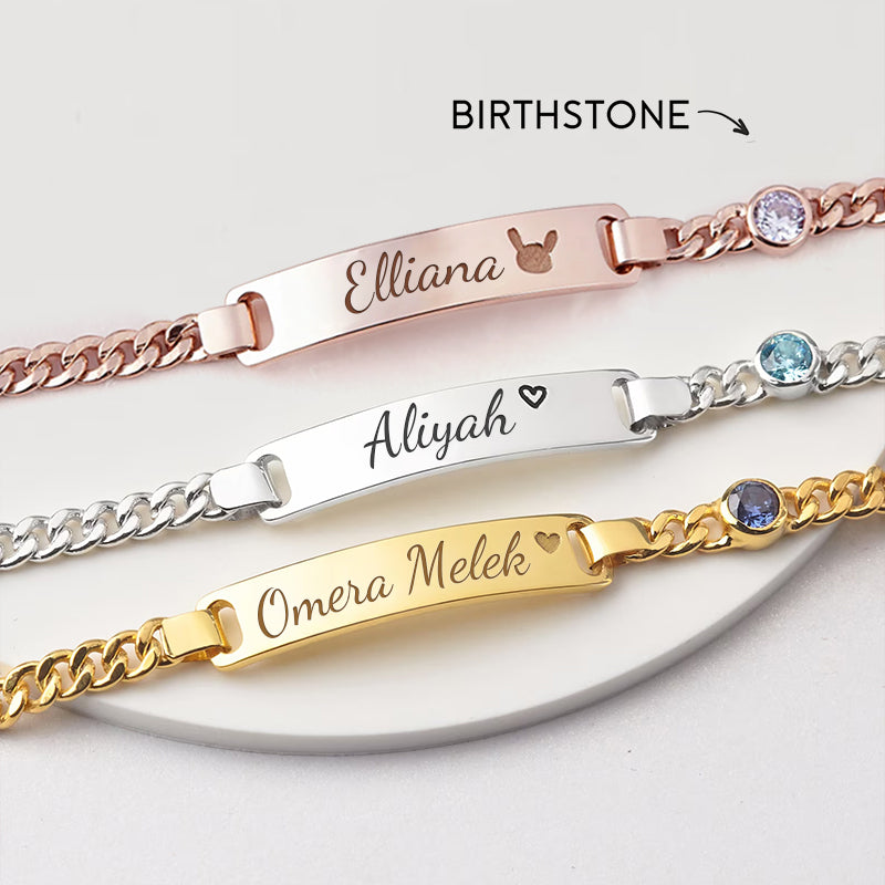 Custom Baby and Family Bracelet – Personalized Name Plate with Birthstone – Perfect Gift for Babies, Children, and Family