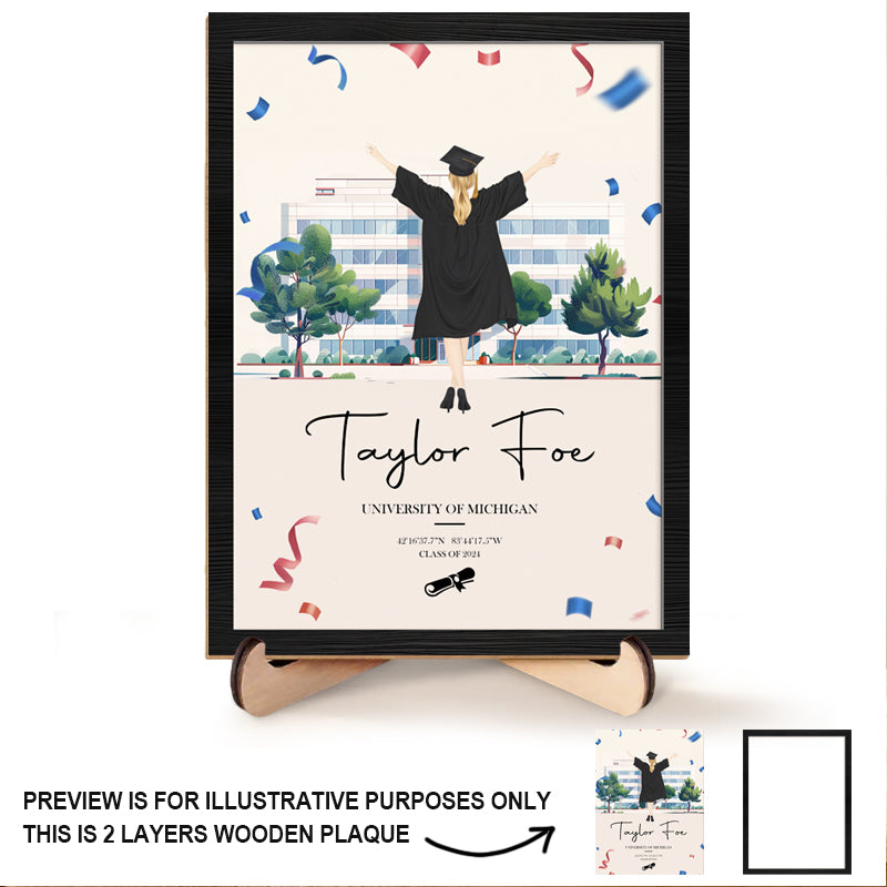 Custom Graduation Silhouette Sign – Personalized Wooden Plaque with Name, Year, University, and Coordinates for Graduates and Celebration Decor