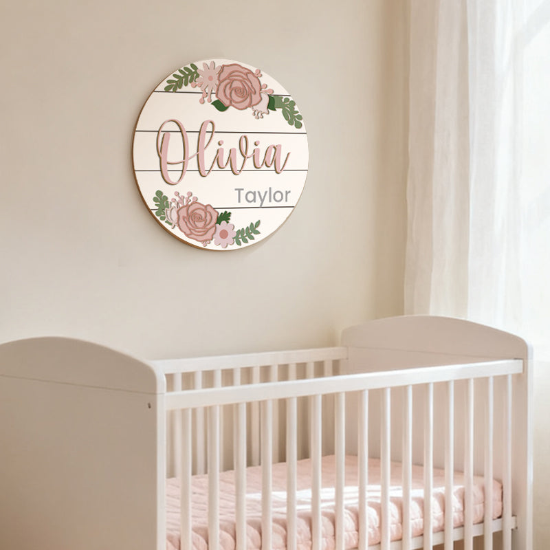 Personalized Baby Name Wooden Sign – Custom Floral Design for Nursery, Hospital Door, or Baby Shower Gift