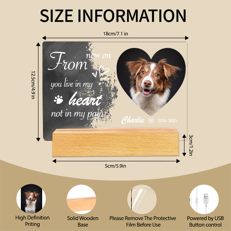 Custom Photo From Now On You Live In My Heart Not In My Pain. Personalized Pet Memorial Acrylic Night Light-Sympathy Gift For Pet Owners, Pet Lovers