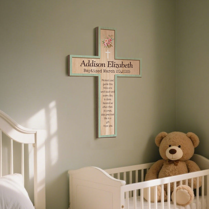 Personalized Floral Cross Keepsake – Custom Name, Occasion & Date – Faith Gift for Baptism, Christening, or Nursery Decor