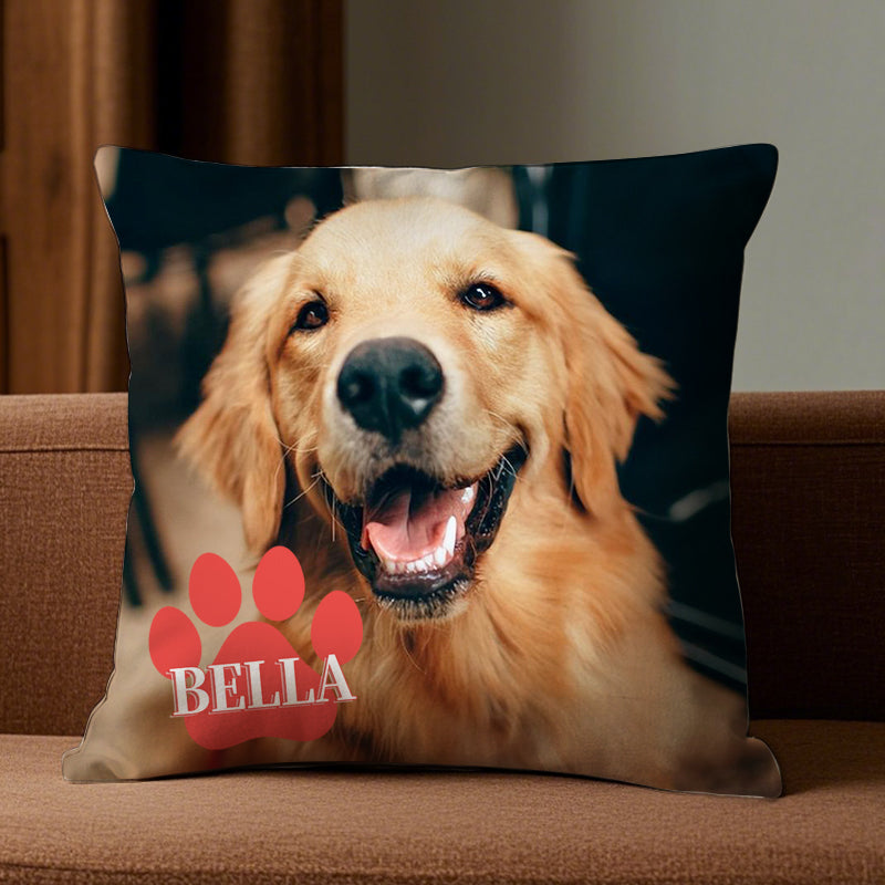 Personalized Pet Photo Pillow with Custom Name in Paw Print – Full Photo Cushion Gift for Dog & Cat Lovers