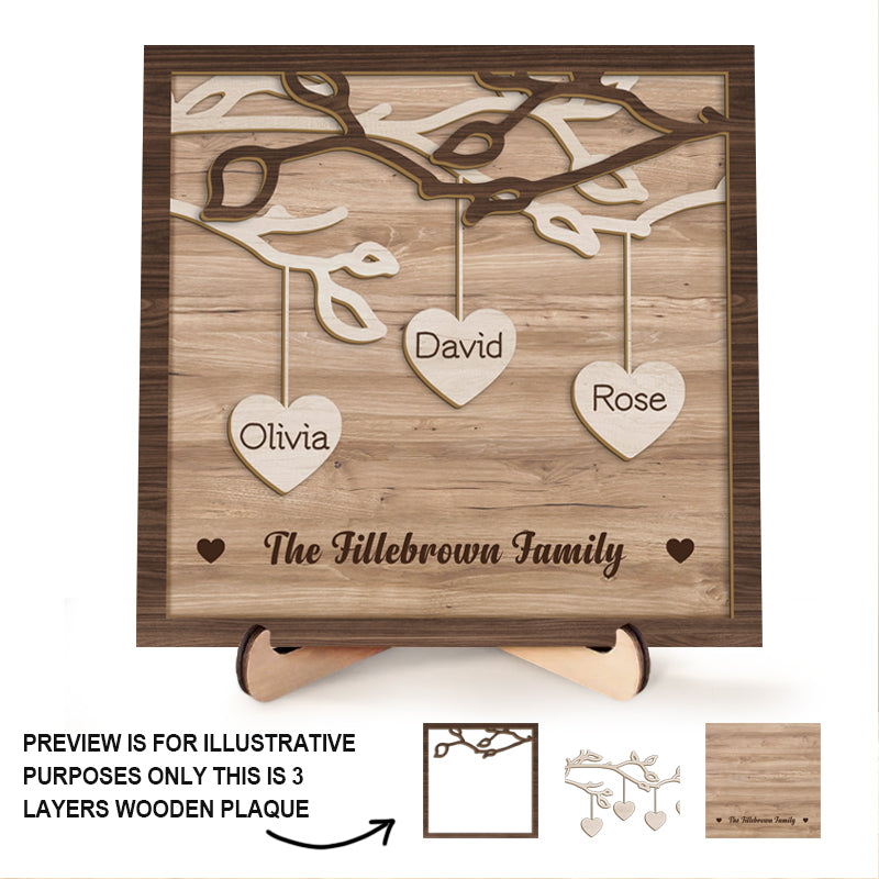 Custom 3-Layer Wooden Family Tree Sign with Hanging Hearts – Personalized Gift for Mom, Dad & Family