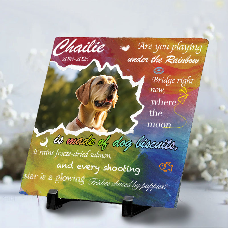 Custom Photo Are You Playing Under The Raindow Bridge - Pet Memorial Square-shaped Stone Custom - Sympathy Gift For Pet Owners, Pet Lovers