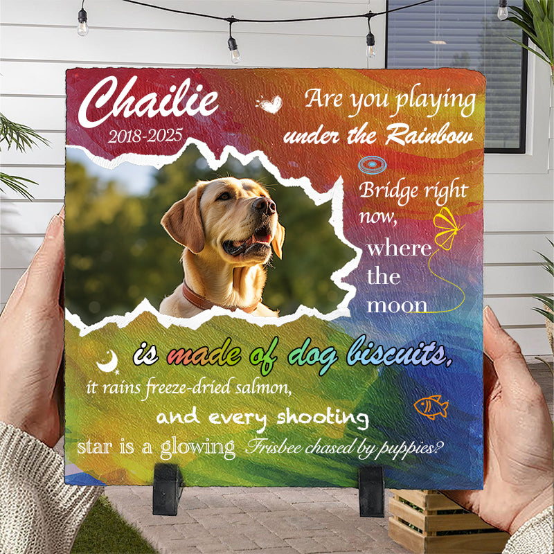 Custom Photo Are You Playing Under The Raindow Bridge - Pet Memorial Square-shaped Stone Custom - Sympathy Gift For Pet Owners, Pet Lovers