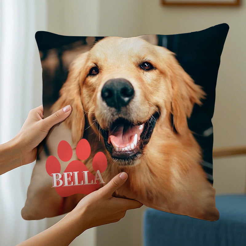 Personalized Pet Photo Pillow with Custom Name in Paw Print – Full Photo Cushion Gift for Dog & Cat Lovers