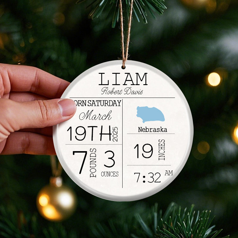 Custom Welcome Baby – Ceramic Round Ornament – Personalized Birth Keepsake with State Design