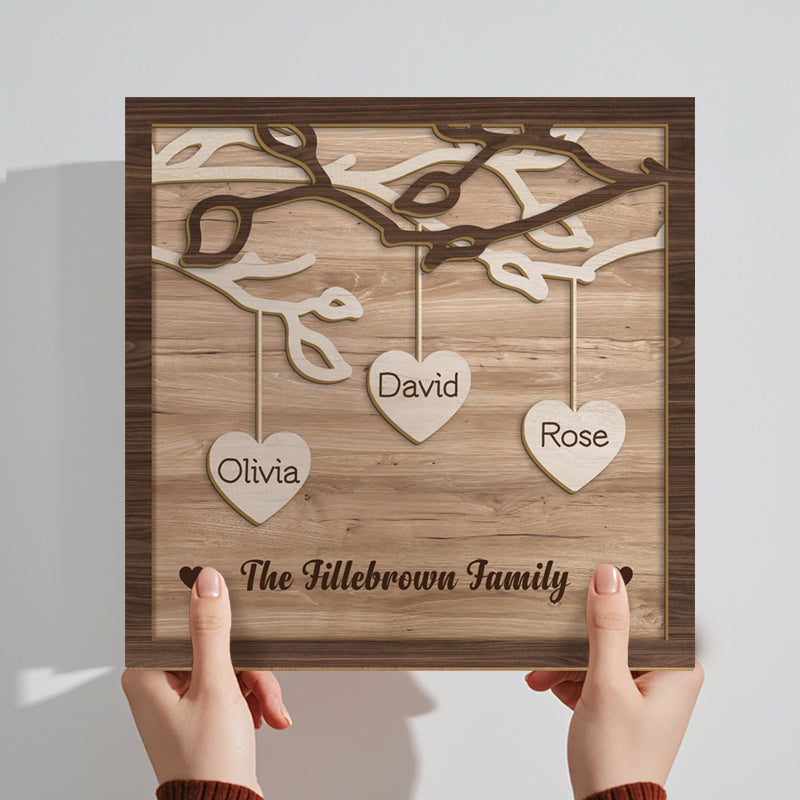 Custom 3-Layer Wooden Family Tree Sign with Hanging Hearts – Personalized Gift for Mom, Dad & Family