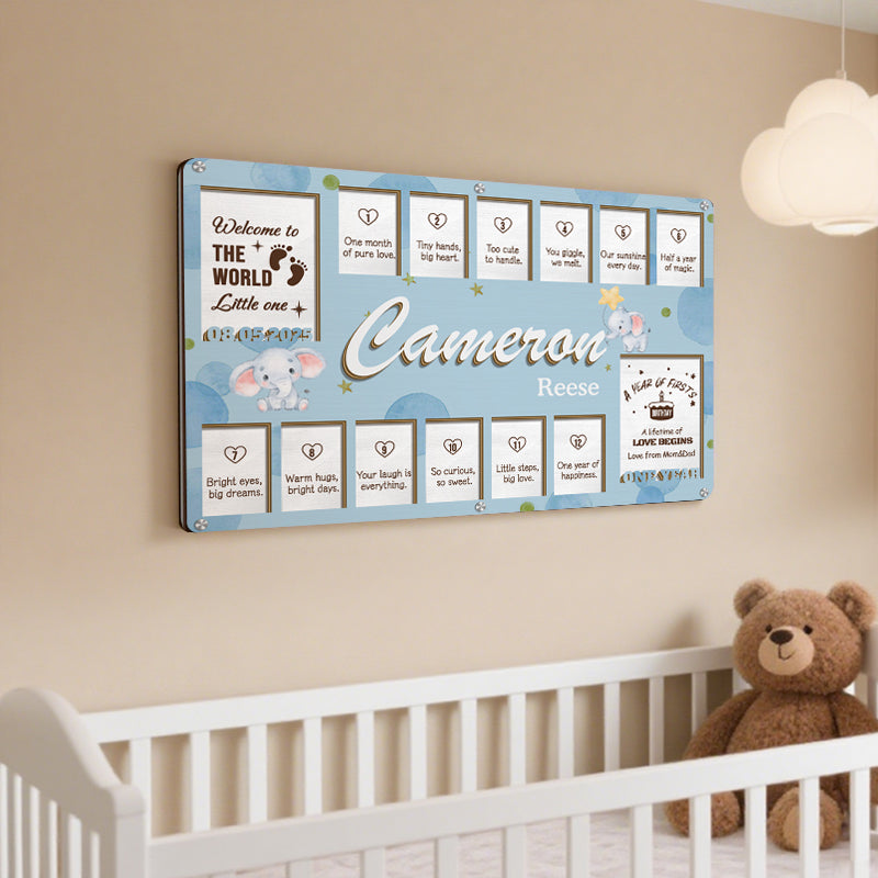 Custom Baby Monthly Milestone Frame – Personalized Wooden Keepsake for 14 Photos with Monthly Captions – Gift for New Parents or Baby Shower