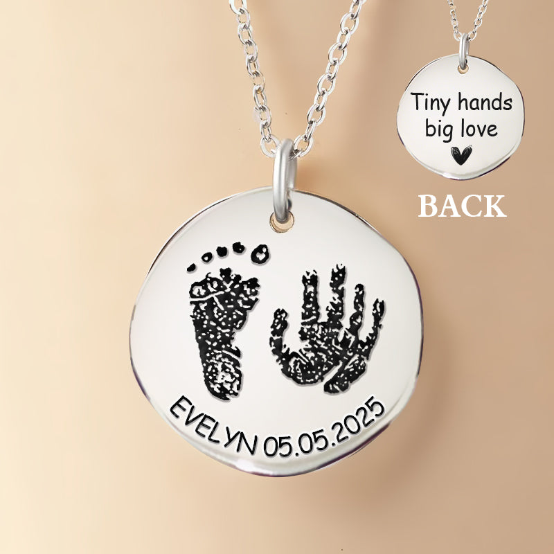 Personalized Baby Handprint & Footprint Necklace – 925 Sterling Silver Engraved Name & Date – Cherished Gift for New Moms and Family