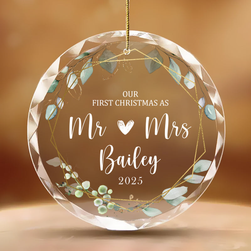 Personalized Our First Christmas as Mr ❤ Mrs Ornament – Custom Glass Keepsake with Last Name & Year – Gift for Newlyweds, Spouse, or Married Couple