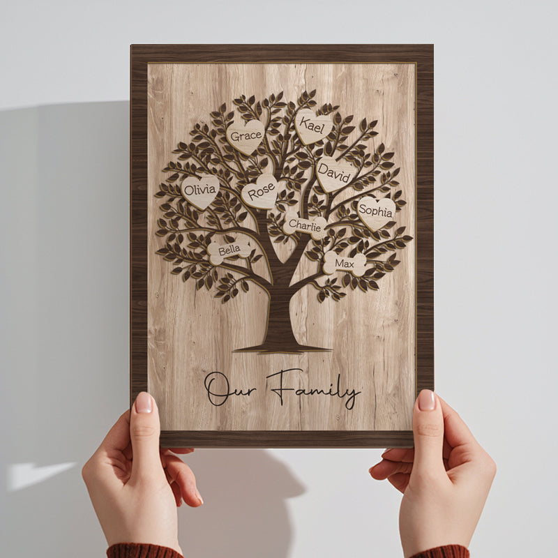 Custom 3-Layer Family Tree Wooden Sign with Hearts, Paw Prints & Bones – Personalized Gift for Mom, Dad & Pet Lovers