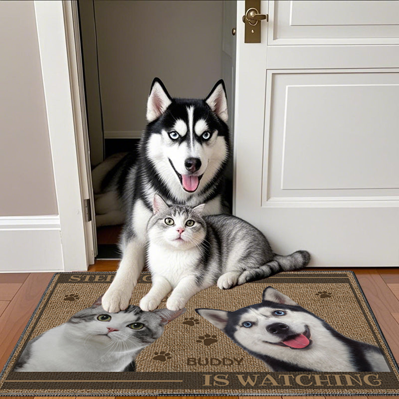 Custom Photo Step Lightly, The Dog And Cat Are Watching - Dog & Cat Personalized Custom Home Decor Decorative Mat - House Warming Gift For Pet Owners, Pet Lovers