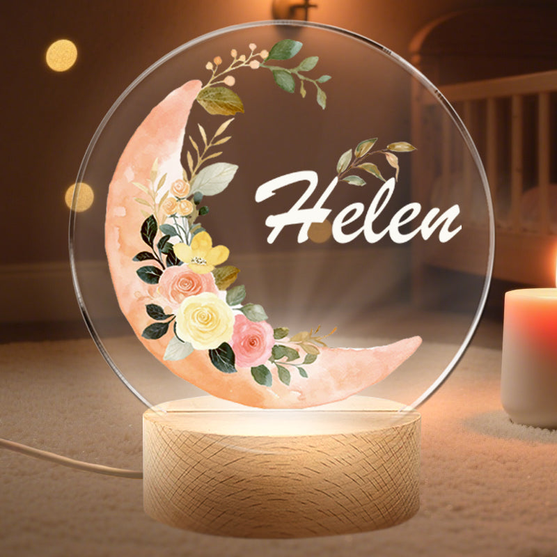 Personalized Baby Night Light with Moon and Flowers – Custom Name Nursery Lamp Keepsake – Unique Gift for Baby Showers, Newborns & Nursery Decor