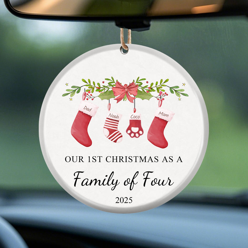Our First Christmas as a Family of Four – Personalized Ceramic Ornament with Hanging Stockings & Greenery