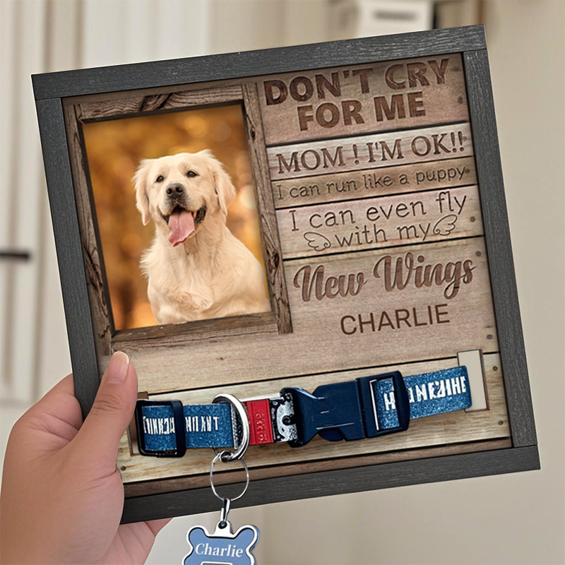 Custom Photo Don't Cry For Me Mom! I'm Ok!! I Can Run Like A Puppy - Memorial Personalized Custom Pet Loss Sign, Collar Frame - Sympathy Gift For Pet Owners, Pet Lovers